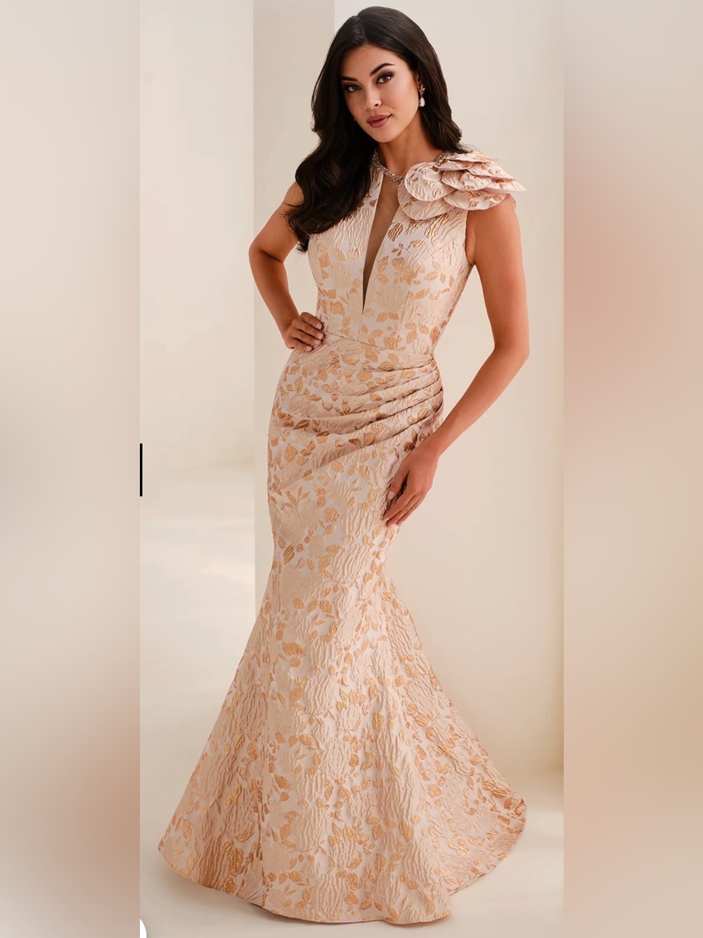 Cameron Blake CB821 - Brocade Illusion V-Neck Formal Gown in Gold